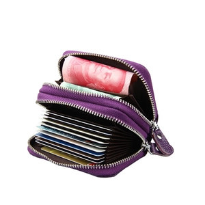 Portefeuille violet en cuir anti-RFID avec double fermeture éclair et multi-fentes