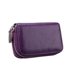 Porte-cartes violet anti-RFID avec double fermeture éclair et texture cuir grainé lychee