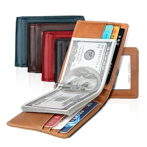 Slim minimalist magic wallet with money clip and multiple card slots in various leather colors