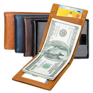 Slim genuine leather RFID wallet featuring metal money clip and multiple card slots