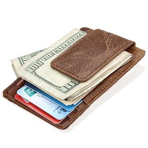 Detailed view of slim brown leather wallet with RFID blocking, cash clip, and card slots