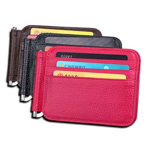 Slim leather wallet with RFID blocking and integrated metal money clip for cash and cards