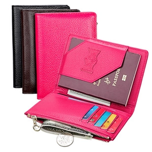 Close-up of genuine leather passport wallet showing RFID card slots and zipper pocket