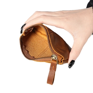 Caramel crazy horse leather coin purse with zipper and interior view for daily use