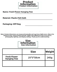 Size chart for artificial hanging floral wreath with large bow including 25x5x50cm dimensions