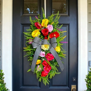 Artificial Rose Flower Door Swag Teardrop Wreath With Black White Striped Bow For Front Door Wall Home Decor
