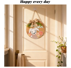 Panneau de Pâques en bois avec motif lapin nœud en toile de jute et décorations florales