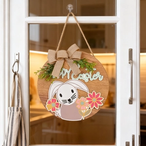 Couronne de Pâques en bois avec motif lapin et nœud en toile de jute pour porte
