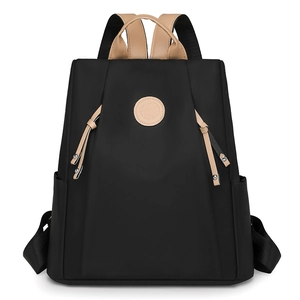 Lightweight black nylon anti-theft backpack for women with khaki webbing and round logo