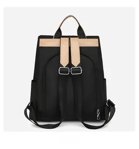Detail view of anti-theft zipper pocket and padded straps on nylon backpack
