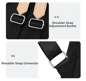 Detail of adjustable nylon shoulder strap with silver metal buckle and reinforced stitching
