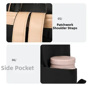 Detail of padded shoulder straps and side pockets for water bottles on a nylon backpack