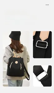 Detail of adjustable straps and high-density nylon fabric on this versatile black backpack