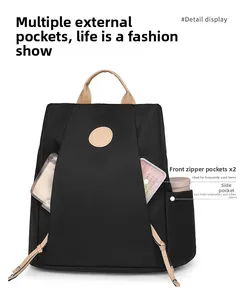 Detail view of water-resistant nylon backpack with side pockets and smooth zippers