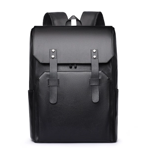 Minimalist black leather commuter laptop backpack with flap cover and buckle straps