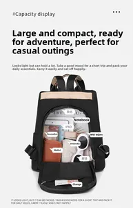 Detail showing the large capacity of the nylon backpack holding an iPad and daily essentials