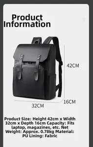 Detailed size specifications for the black PU leather backpack with 42x32x16cm dimensions
