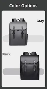 Vertical display showing gray and black business backpacks with buckle straps