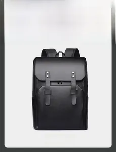Front view of black textured leather backpack featuring flap design and silver rivet straps