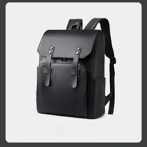 Side view of a black minimalist matte PU leather laptop backpack with buckle straps