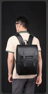 Water-resistant black matte leather backpack with multi-compartments for men
