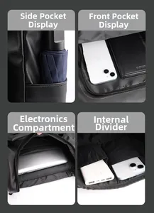 Detail view of multi-pocket interior storage and padded laptop compartment in black backpack
