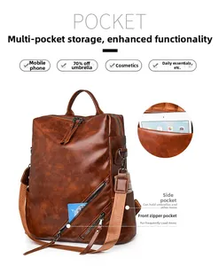Detail view of brown pebbled leather backpack with multi-zipper pockets and side pouch