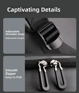 Detail view of adjustable nylon straps and smooth metal zippers on a black backpack