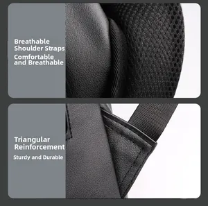 Detail of breathable mesh shoulder straps and reinforced triangular stitching for durability