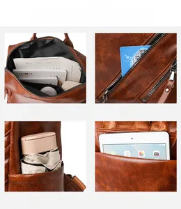 Detail view of brown leather backpack storage pockets and functional compartments