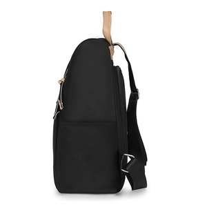 Lightweight black nylon anti-theft backpack for women with brown leather accents
