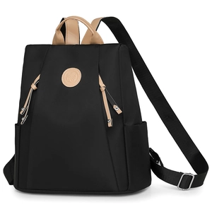 Lightweight black nylon anti-theft backpack for women with brown leather details