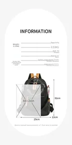 Size information and material detail of the black PU leather backpack showing dimensions