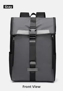 Vue avant sac à dos business gris imperméable avec sangles noires et boucle de fermeture
