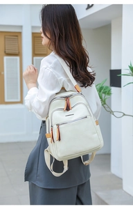 Close-up of white geometric embossed backpack with three zipper pockets and leather pulls
