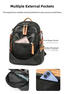 Detail of black PU leather backpack showing side pocket for water bottle and front zipper