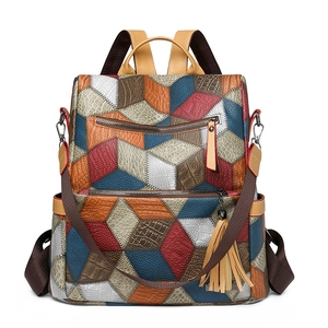 Women's 3D geometric patchwork leather backpack with colorful mosaic and tassel detail