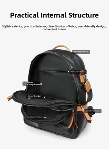 Internal structure of black PU leather backpack showing multiple compartments and pockets