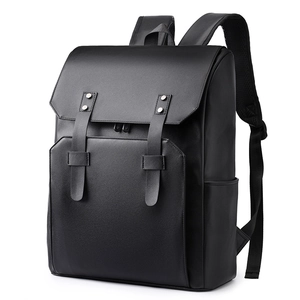 Minimalist black faux leather business backpack with buckle straps and large capacity