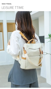 Back view of a beige PU leather backpack for women featuring stylish tassel decoration