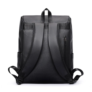 Minimalist black PU leather laptop backpack for men with wide shoulder straps and anti-theft pocket