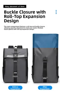 Détail de l'extension roll-top et fermeture à boucle sur un grand sac à dos de voyage