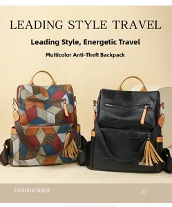 Detail view of anti-theft PU leather backpacks with vibrant patterns and tassel accents
