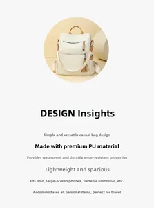 Detail of cream-colored PU leather backpack showing waterproof texture and large capacity