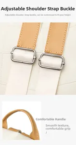 Close-up of adjustable straps with silver buckles on a beige and brown PU leather backpack