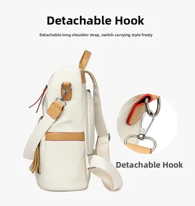 White leather backpack side view showing D-ring hardware and detachable strap detail