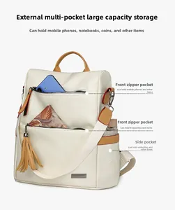 Detail view of large capacity beige leather backpack showing multi-pocket storage layout