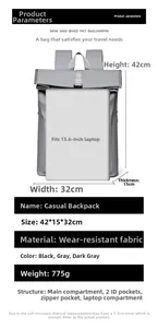 Détails du sac à dos gris imperméable montrant les dimensions 42x32x15cm pour laptop