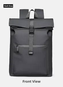 Vue frontale sac à dos roll-top gris foncé imperméable en tissu mat haute densité