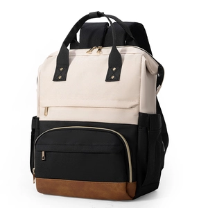 Détails du sac à dos tricolore pour ordinateur avec toile durable et base en cuir brun